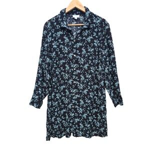 J.‎ Jill XL Black Green Floral Button Front Shirt Dress Long Sleeve Rayon XL